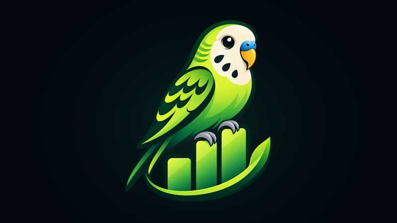 The Cunning Budgie mascot: a green budgerigar perched on a rising bar chart, on a dark background