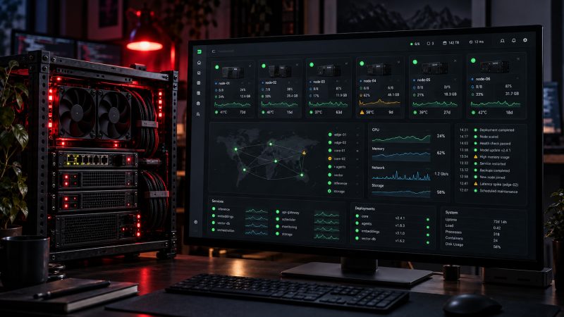 An open-frame home-lab server rack with red status lighting beside a large monitor showing an infrastructure control dashboard