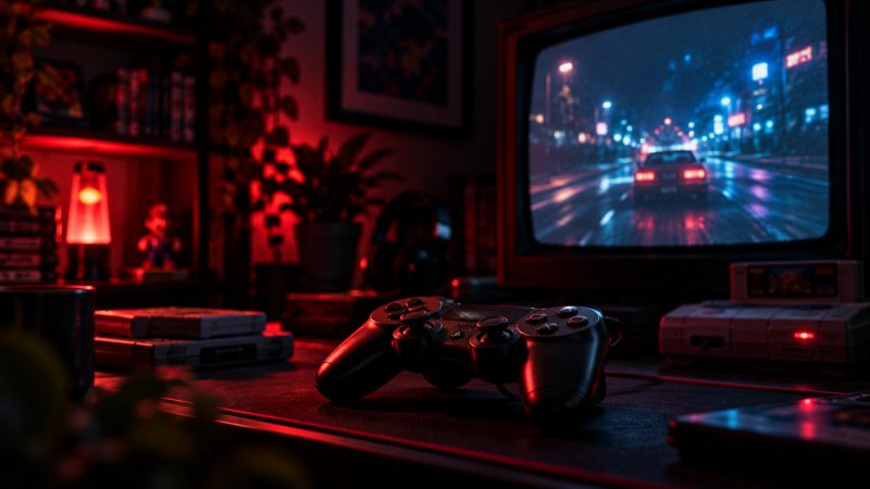 A game controller on a desk in front of a CRT television, lit in red and blue